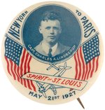 LINDBERGH "NEW YORK TO PARIS" LARGE SCARCE DATED BUTTON SHOWING HIM AND "SPIRIT OF ST. LOUIS".