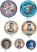 LINDBERGH SEVEN CELLO AND LITHO BUTTONS ALL WITH "WELCOME HOME" SLOGAN FROM 1927.