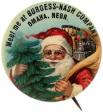 SANTA WITH TREE AND TOY PACK SUPERB COLOR BUTTON W/FIRST SEEN OMAHA IMPRINT.