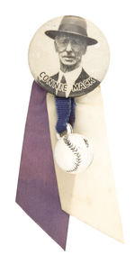 "CONNIE MACK" RARE PORTRAIT BUTTON WITH ORIGINAL HANGERS.