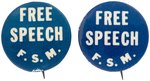 HISTORIC OCT, 1964 UNIV. OF CALIF. BERKELEY "FREE SPEECH/F.S.M." BUTTON PAIR WITH PROVENENCE.