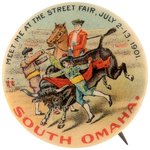 OUTSTANDING COLOR 1901 SOUTH OMAHA STREET FAIR BUTTON WITH BULL FIGHTING SCENE.