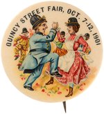 "QUINCY STREET FAIR OCT. 7-12, 1901" DANCING COUPLE IN POLICE HELMETS BUTTON.