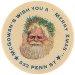 SANTA WEARING HOLLY CROWN RARE BUTTON FROM READING, PA STORE WITH READING, PA. BACK PAPER.