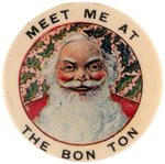 SANTA HATLESS WITH HOLLY LEAVES AND BERRIES BACKGROUND RARE BUTTON.