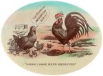 POCKET MIRROR FOR "THE KLONDIKE INCUBATOR" W/ROOSTER ACCUSING HEN OF INFIDELITY.