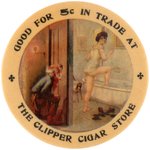 COLOR CARTOON POCKET MIRROR "GOOD FOR 5¢ IN TRADE AT THE CLIPPER CIGAR STORE".