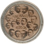 1896 CINCINNATI REDS REAL PHOTO LAPEL STUD W/EWING (HOF), MCPHEE (HOF) & HOY.