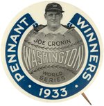 1933 WASHINGTON SENATORS "PENNANT WINNERS" BLUE VARIETY BUTTON W/JOE CRONIN (HOF).