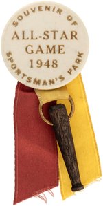 1948 ALL-STAR GAME/"SOUVENIR OF SPORTSMAN'S PARK" SMALL VARIETY BUTTON W/RIBBONS AND CHARM.