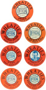 1930s "WHEATIES/KNOT HOLE GANG" PACIFIC COAST BUTTONS SET OF SEVEN.