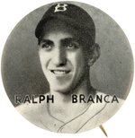 C. 1950 RALPH BRANCA (BROOKLYN DODGERS) RARE PHILA. GUM SERIES BUTTON.