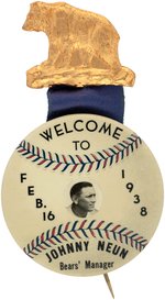 1938 JOHNNY NEUN NEWARK BEARS MANAGER BUTTON W/RIBBON AND CHARM.