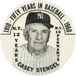 1960 CASEY STENGEL (HOF) "FIFTY YEARS IN BASEBALL 1910/1960" LARGE BUTTON.