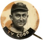 C. 1927 TY COBB (HOF) IN DETROIT TIGERS UNIFORM PHOTO BUTTON FROM RARE SET.