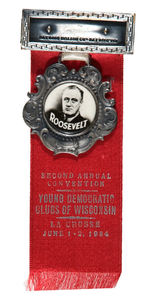 “ROOSEVELT” CELLULOID INSERT ON FOB ATTACHED TO 1934 YOUNG DEMS OF WISCONSIN RIBBON BADGE.