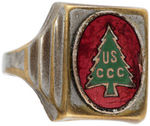 ROOSEVELT INSPIRED CIVILIAN CONSERVATION CORPS ENAMEL ON SILVERED BRASS RING.