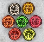 MARTIN LUTHER KING & BENJAMIN SPOCK SEVEN VARIETIES OF 1968 DAY-GLO BUTTONS.