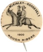 McKINLEY & ROOSEVELT RIDING A HORSE WITH BRYAN'S FACE RARE 1900 BUTTON HAKE #3159.