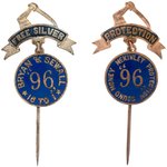 McKINLEY & BRYAN PAIR OF SILVER AND GOLD ISSUE ENAMEL STICK PIN BADGES.
