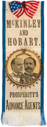 McKINLEY & HOBART "PROSPERITY'S ADVANCE AGENTS" 1896 JUGATE RIBBON BADGE.