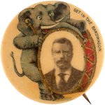 ROOSEVELT "GET IN THE BANDWAGON" RARE 1904 ELEPHANT & DRUM PORTRAIT BUTTON HAKE #3239.