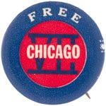 "FREE CHICAGO VII" SCARCE CHICAGO SEVEN ANTI-VIETNAM WAR BUTTON.