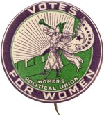 "WOMEN'S POLITICAL UNION" CLARION TRUMPETER WOMEN'S SUFFRAGE BUTTON.