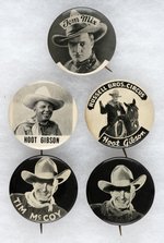 TOM MIX, HOOT GIBSON AND TIM McCOY FIVE SCARCE/RARE 1930s CIRCUS/RODEO BUTTONS.