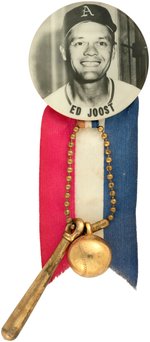 C. 1950s ED JOOST PM10 REAL PHOTO STADIUM BUTTON W/RIBBON/BAT & BALL.