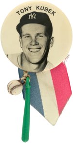 C. 1950s TONY KUBEK PM10 REAL PHOTO STADIUM BUTTON W/RIBBON/BAT & BALL.