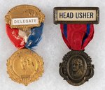 COX: 1920 DEMOCRATIC NATIONAL CONVENTION "DELEGATE" AND "HEAD USHER" BADGES.