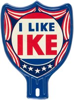 "I LIKE IKE" 1952 BUTTON DESIGN ON SHIELD SHAPED LICENSE PLATE ATTACHMENT.