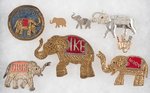 IKE AND DICK 1952-56 ELEPHANT MOTIF BADGES INCLUDING 4 MADE IN INDIA.