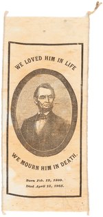 LINCOLN 1865 SILK MOURNING RIBBON WITH BIRTH AND DEATH DATES.