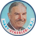 "HART STAEBLER LBJ VOTE DEMOCRATIC ALL THE WAY" MICHIGAN COATTAIL JUGATE FLASHER BUTTON.