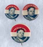 "AMERICA FIRST / JOHNSON FOR PRESIDENT" PRESIDENTIAL HOPEFULL PORTRAIT BUTTONS IN THREE SIZES.