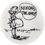 NIXON'S THE ONE CARTOON PREGNANT GIRL BUTTON.