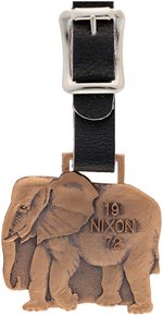 "NIXON 1972" BIG, HEAVY, SOLID BRASS ELEPHANT WATCH FOB WITH STRAP.