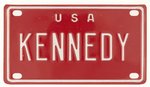 JOHN KENNEDY MINIATURE LICENSE PLATE READING "USA / KENNEDY".