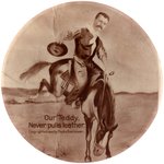 ROOSEVELT "OUR TEDDY NEVER PULLS LEATHER" BUCKING BRONCO REAL PHOTO BUTTON HAKE #3228.