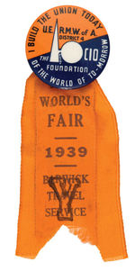 RARE 1939 NYWF UNION ISSUED SLOGAN BUTTON.