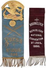 McKINLEY 1896 REPUBLICAN NATIONAL CONVENTION "PRESS" & "DOORKEEPER" RIBBONS.