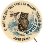 WISE OWL WITH QUILL PEN PERCHED ON CRESCENT MOON BUTTON FROM OMAHA LIVESTOCK COMMISSION CO.