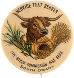 LONG HORN STEER AD BUTTON W/CORN & WHEAT CORNUCOPIA SPILLING MONEY FROM OMAHA COMMISSION CO.