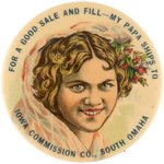 YOUNG GIRL RECOMMENDS OMAHA COMMISSION CO. "MY PAPA SHIPS TO" SUPERB COLOR LIVESTOCK AD BUTTON.