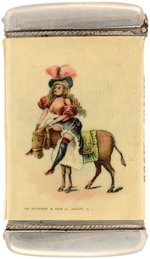 MATCH SAFE WITH WOMAN ON DONKEY FOR BOSTON BOOTS, SHOES AND RUBBERS MERCHANT.