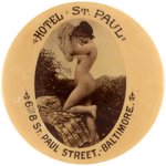 POCKET MIRROR W/OUTDOOR SCENE OF WOMAN FOR BALTIMORE'S HOTEL ST. PAUL.