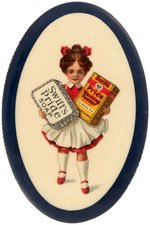 POCKET MIRROR W/CHARMING LITTLE GIRL CARRYING SWIFT'S PRIDE SOAP AND WASHING POWDER.