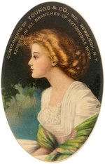 POCKET MIRROR IN SOFT MULTICOLOR OF YOUNG WOMAN W/ GOLD TEXT FOR NEWBURGH, NY AUTO BODY SHOP.